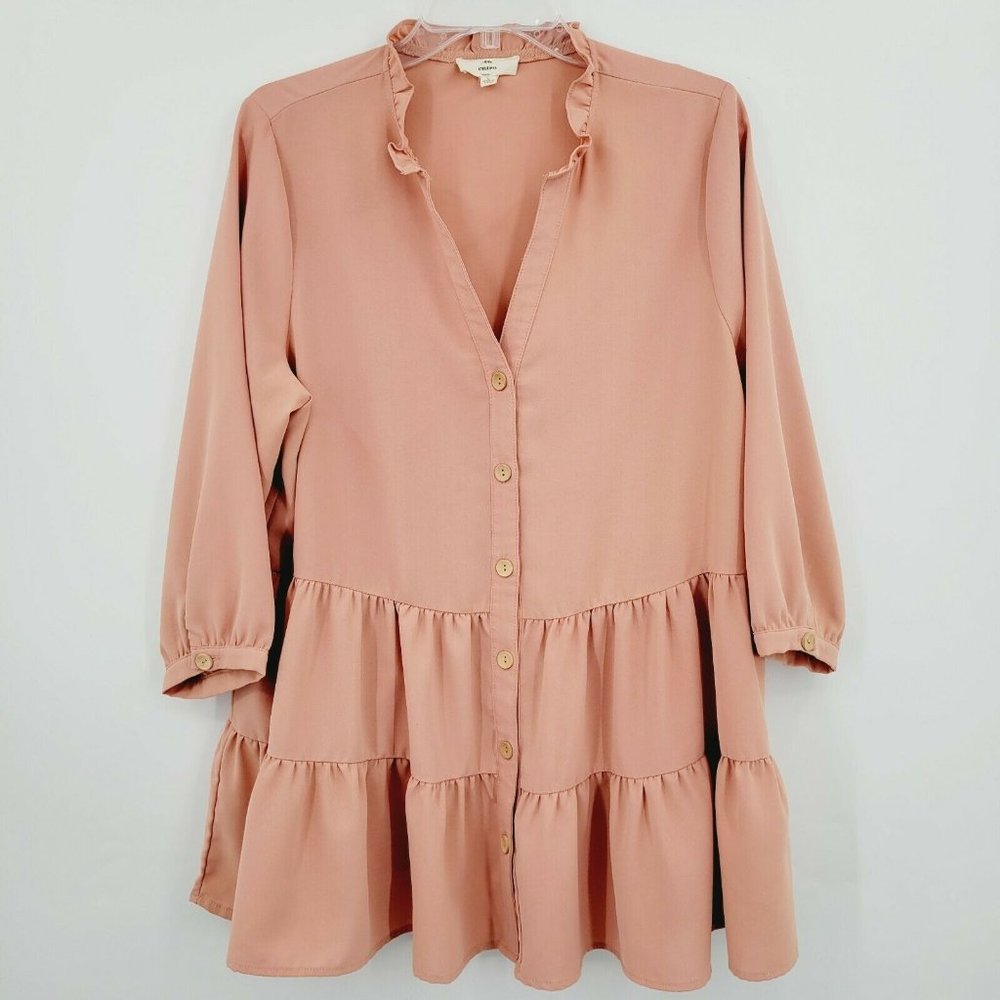Entro Button-up Tiered Tunic Pink Size L Quarter Sleeve Solid Ruffle Split Neck - Picture 1 of 11